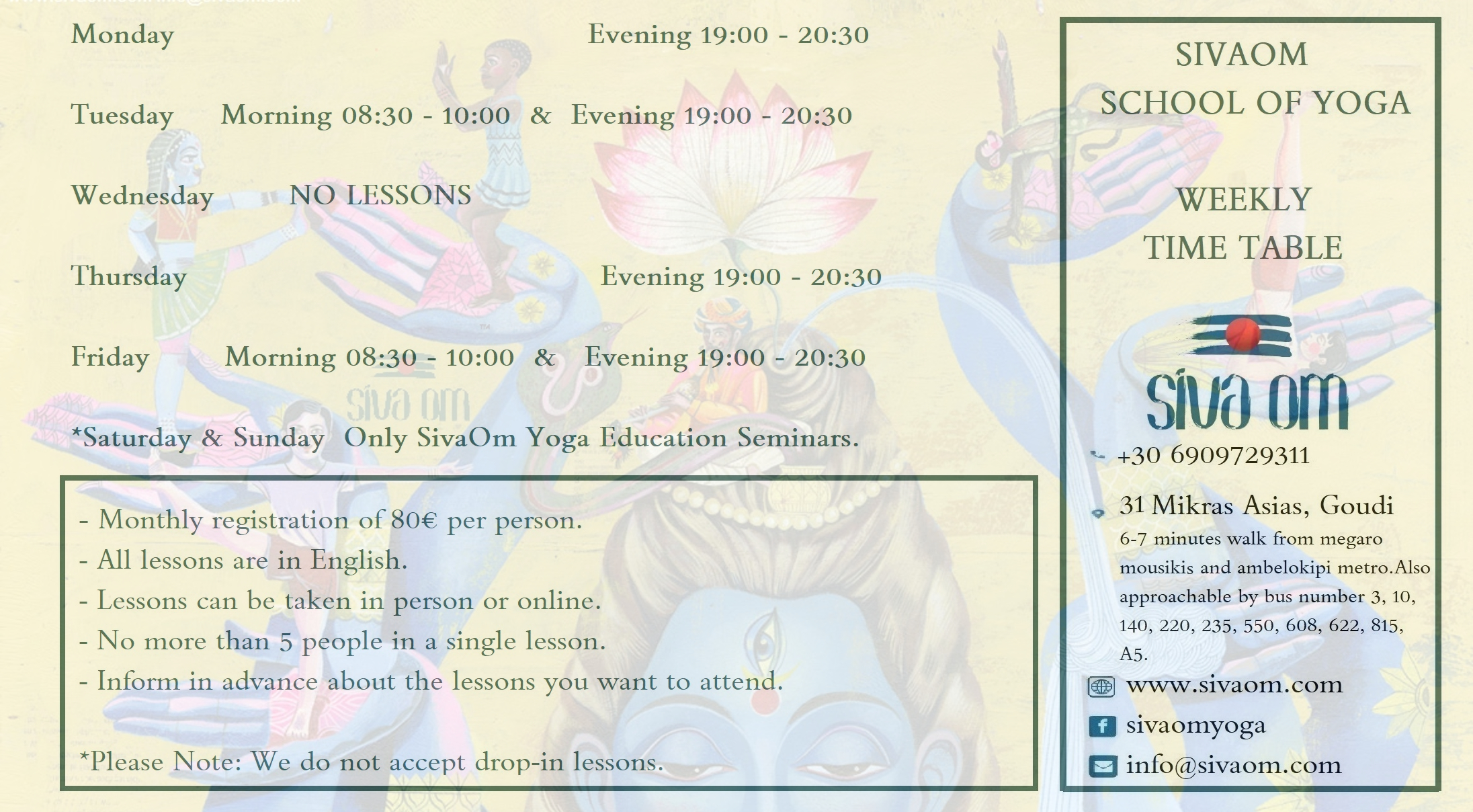 SivaOm Yoga in athens group lesson time table. Further details at info@sivaom.com, +306909729311